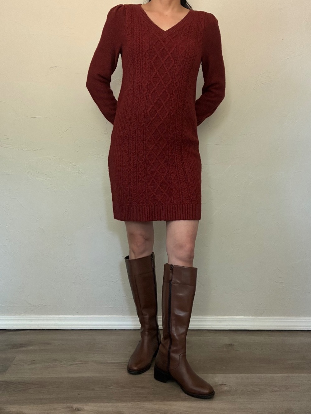 Loft Rust Color Above-the-Knee Length Cable Knit Sweater Dress XXS Petite
